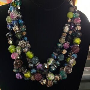 Zeta French ribbon jewel tone beads crystals hand made necklace! One of a kind